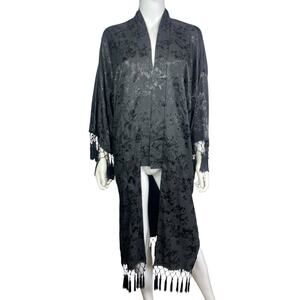 Free People Women's O/S Black Tinseltown Fringe Boho Artsy Kimono Floral NWT